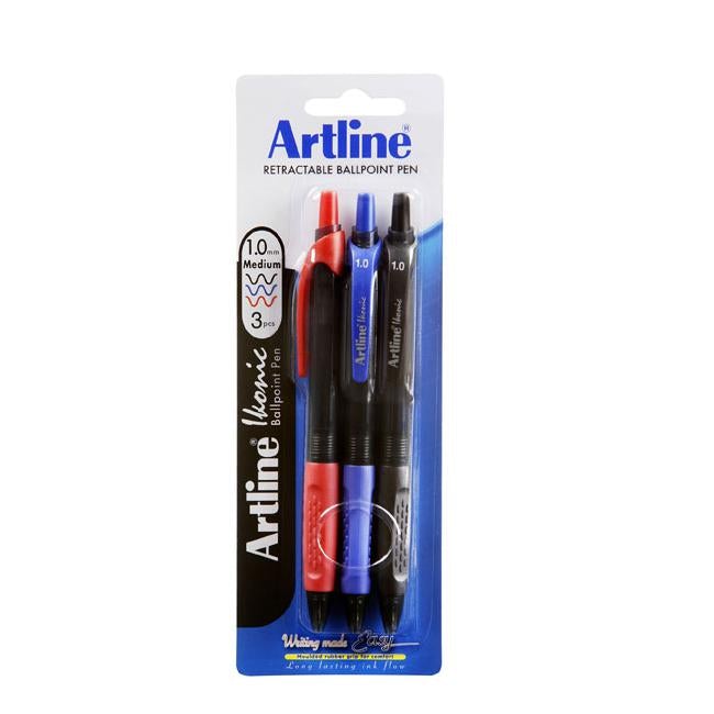 Artline ikonic ballpoint retractable grip medium astd 3pk