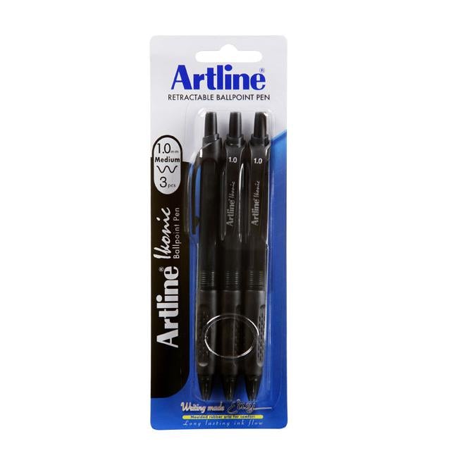 Artline ikonic ballpoint retractable grip medium black 3pk