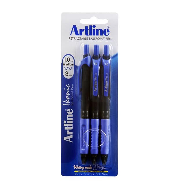 Artline ikonic ballpoint retractable grip medium blue 3pk