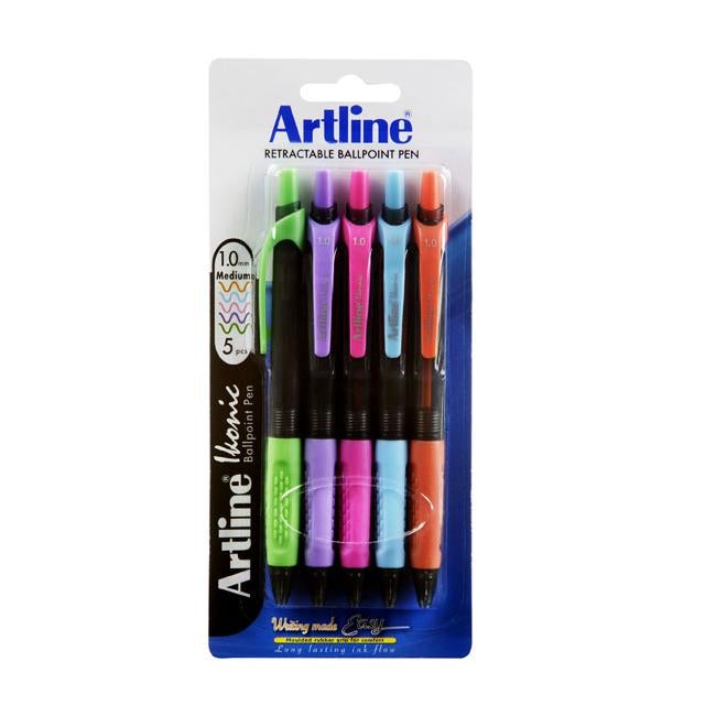 Artline ikonic ballpoint retractable grip medium brights 5pk