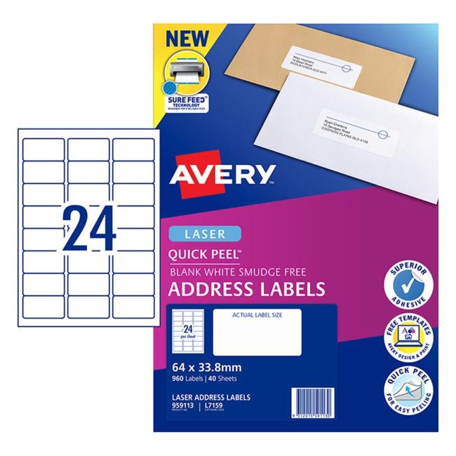 Avery Addressing Labels L7159 White 24 Up 40 Sheets Laser 64×33.8 Quick Peel Pop Up