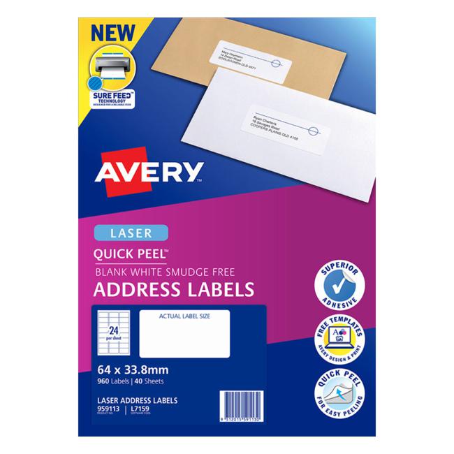 Avery Addressing Labels L7159 White 24 Up 40 Sheets Laser 64×33.8 Quick Peel Pop Up