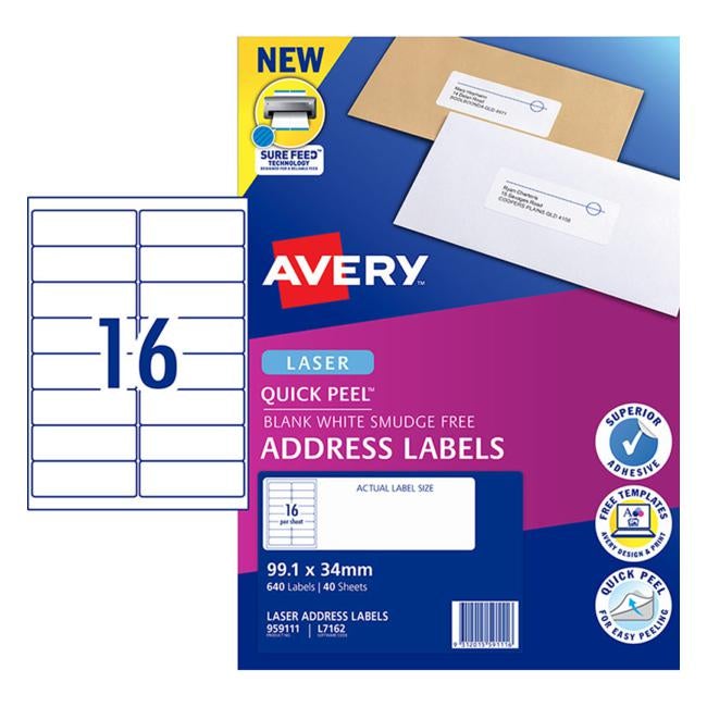Avery Addressing Labels L7162 White 16 Up 40 Sheets Laser 99.1×34 Quick Peel Pop Up