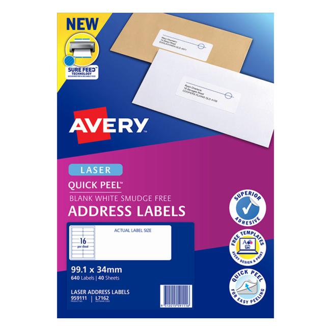 Avery Addressing Labels L7162 White 16 Up 40 Sheets Laser 99.1×34 Quick Peel Pop Up
