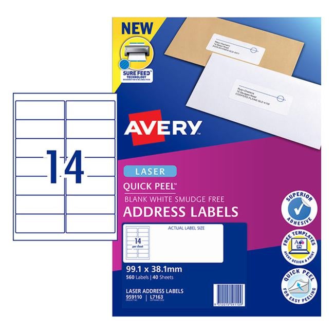 Avery Addressing Labels L7163 White 14 Up 40 Sheets Laser 99.1×38.1mm Quick Peel Pop Up