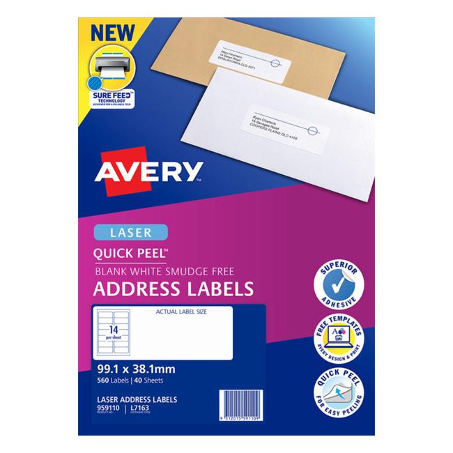 Avery Addressing Labels L7163 White 14 Up 40 Sheets Laser 99.1×38.1mm Quick Peel Pop Up