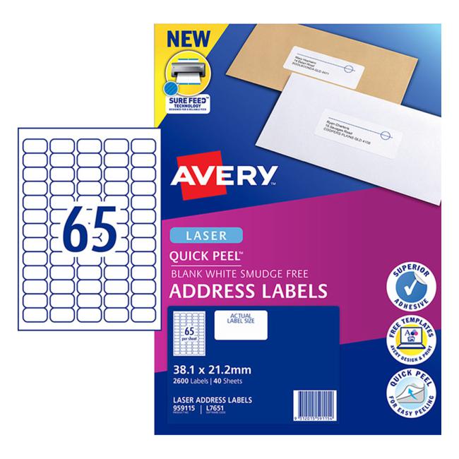 Avery Addressing Labels L7651 White 65 Up 40 Sheets Laser 38.1×21.2mm Quick Peel Pop Up