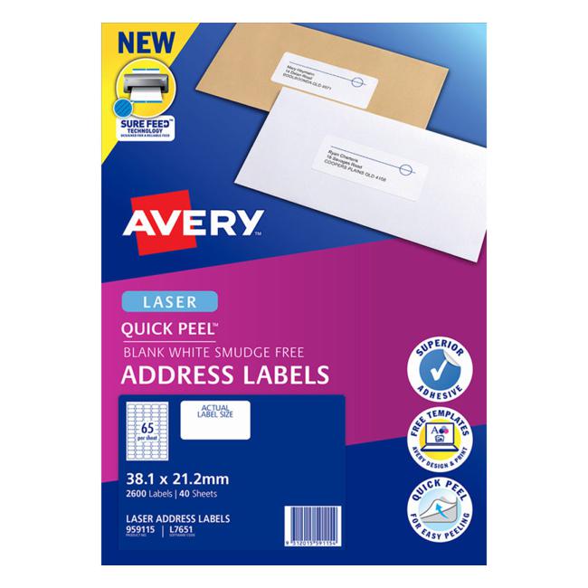 Avery Addressing Labels L7651 White 65 Up 40 Sheets Laser 38.1×21.2mm Quick Peel Pop Up