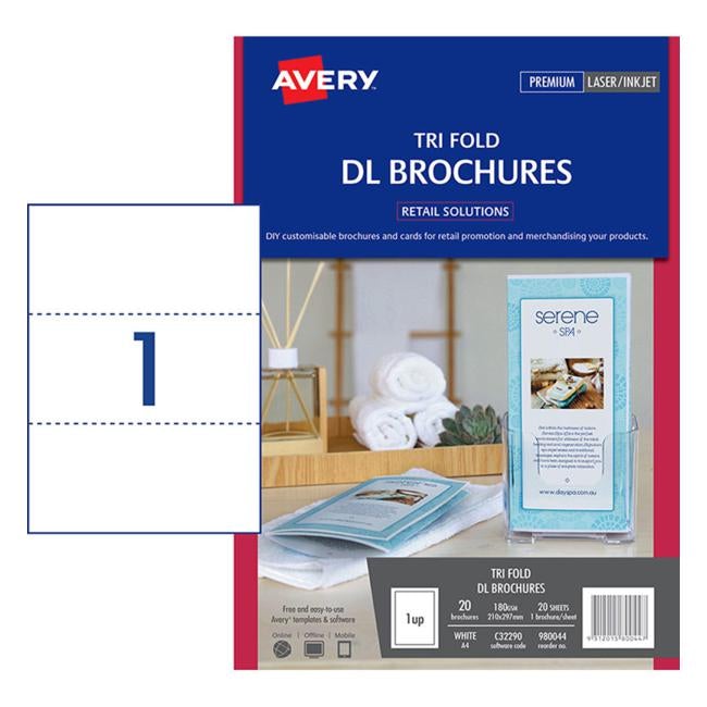Avery Brochures C32290 Tri Fold Dl A4 1up 20 Sheets Inkjet Laser