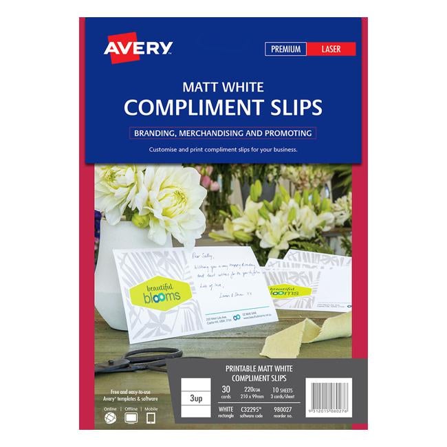 Avery Compliment Card C32295 Matt White D/S 3 Up 10 Sheets Laser 210x99mm