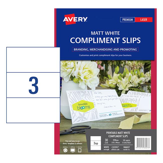 Avery Compliment Card C32295 Matt White D/S 3 Up 10 Sheets Laser 210x99mm