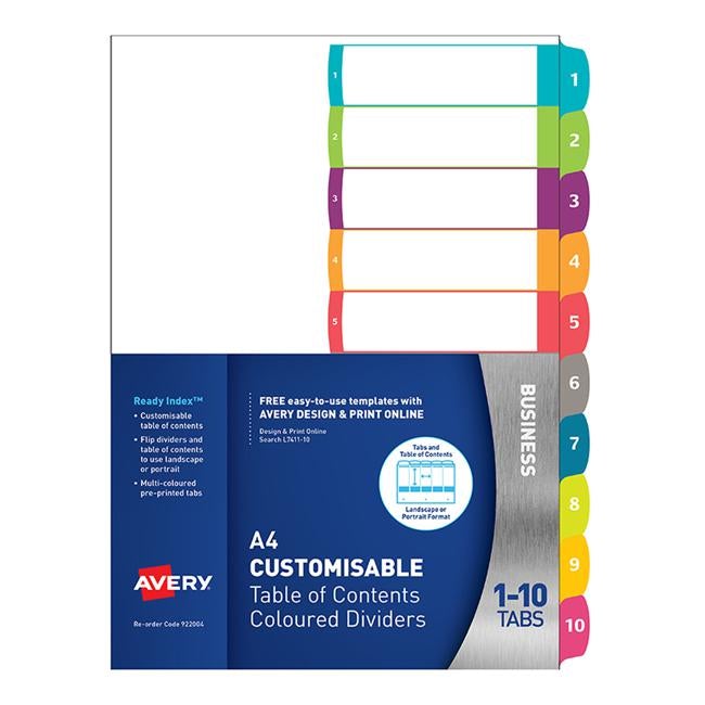 Avery Customisable Table Of Contents A4 1-10 Tabs Coloured