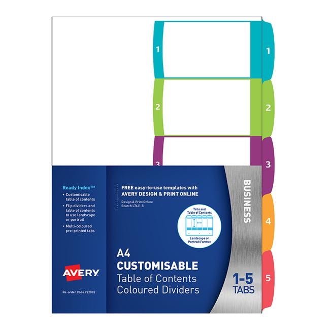 Avery Customisable Table Of Contents A4 1-5 Tabs Coloured