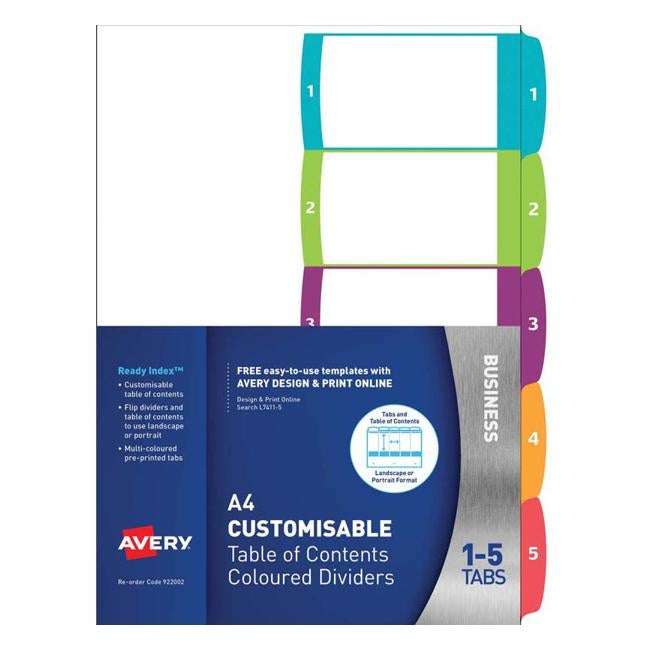 Avery Customisable Table Of Contents A4 1-5 Tabs Coloured