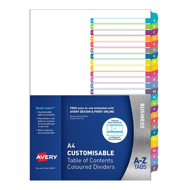 Avery Customisable Table Of Contents A4 A-Z Tabs Coloured