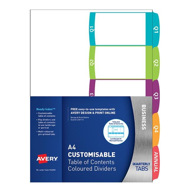 Avery Customisable Table Of Contents A4 Quarterly 5 Tabs Coloured