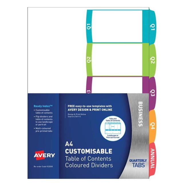 Avery Customisable Table Of Contents A4 Quarterly 5 Tabs Coloured