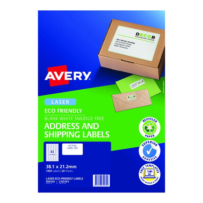 Avery Eco Friendly Address Labels 38.1x21.2mm 65up 20 Sheets