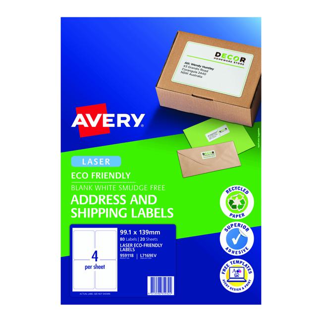 Avery Eco Friendly Address Labels 99.1x139mm 4up 20 Sheets