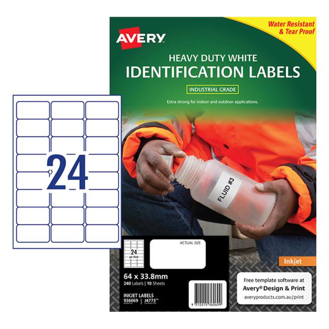 Avery Heavy Duty Id Label J4773 White 24 Up 10 Sheets Inkjet 64×33.8mm