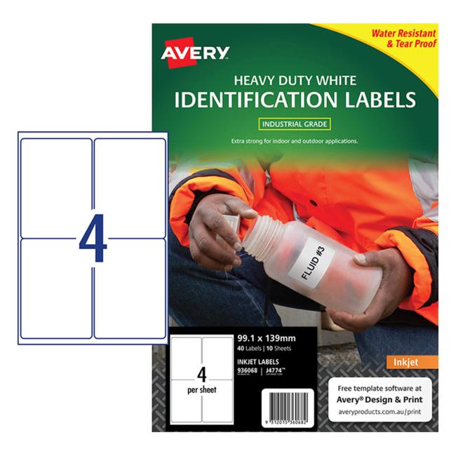 Avery Heavy Duty Id Label J4774 White Up 10 Sheets Inkjet 99.1x139mm