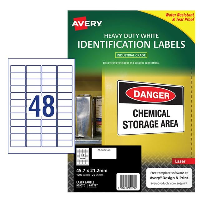 Avery Heavy Duty Id Label L4778 White 48 Up 25 Sheets Laser 45.7×21.2mm