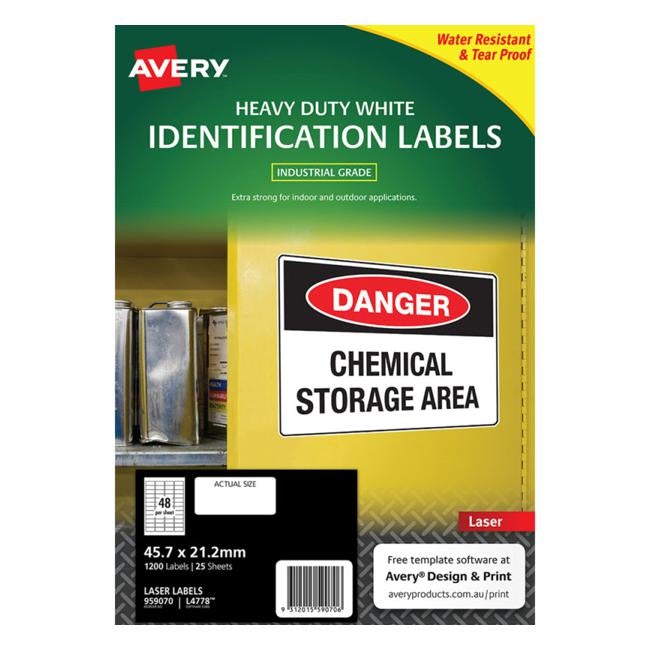 Avery Heavy Duty Id Label L4778 White 48 Up 25 Sheets Laser 45.7×21.2mm