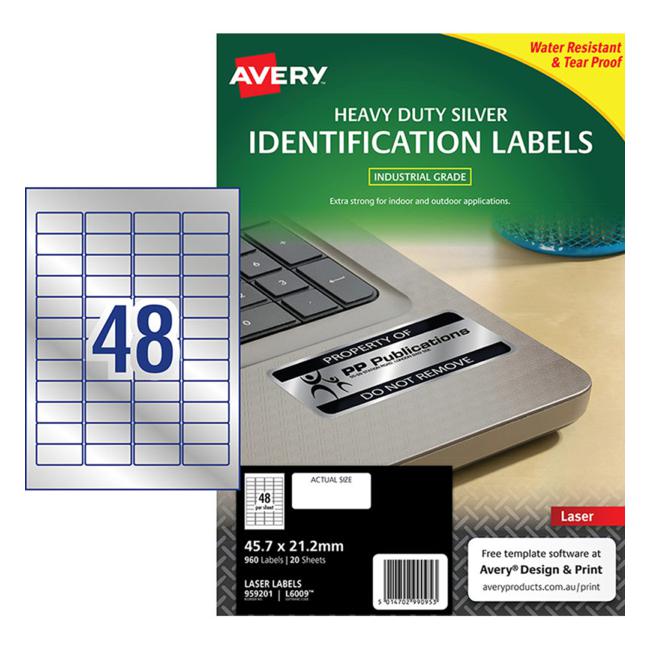 Avery Heavy Duty Id Label L6009 Silver 48 Up 20 Sheets Laser 47.5×21.2mm