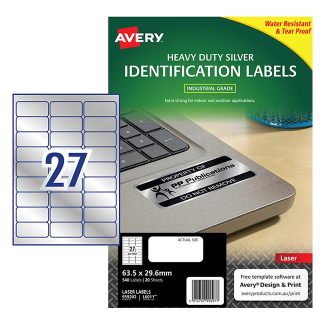 Avery Heavy Duty Id Label L6011 Silver 27 Up 20 Sheets Laser 63.5×29.6mm