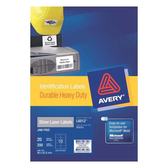 Avery Heavy Duty Id Label L6012 Silver 10 Up 20 Sheets Laser 96x50.8mm