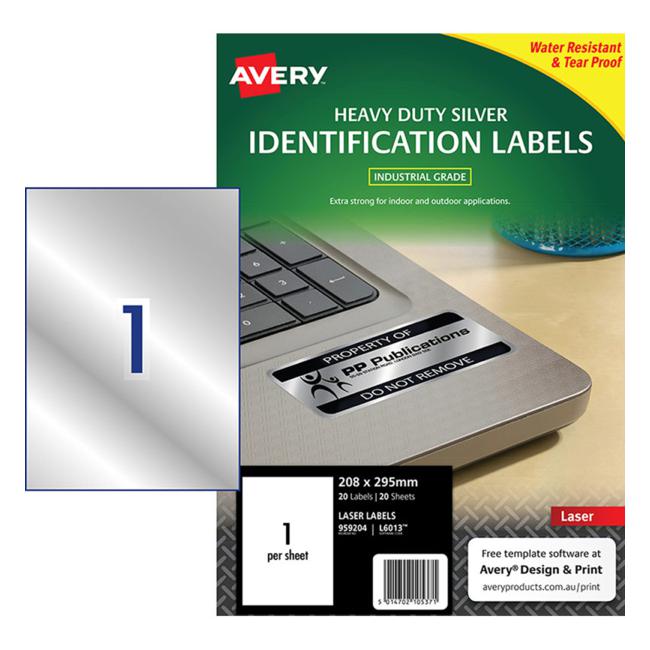Avery Heavy Duty Id Label L6013 Silver 1 Up 20 Sheets Laser 199.6×289.1mm