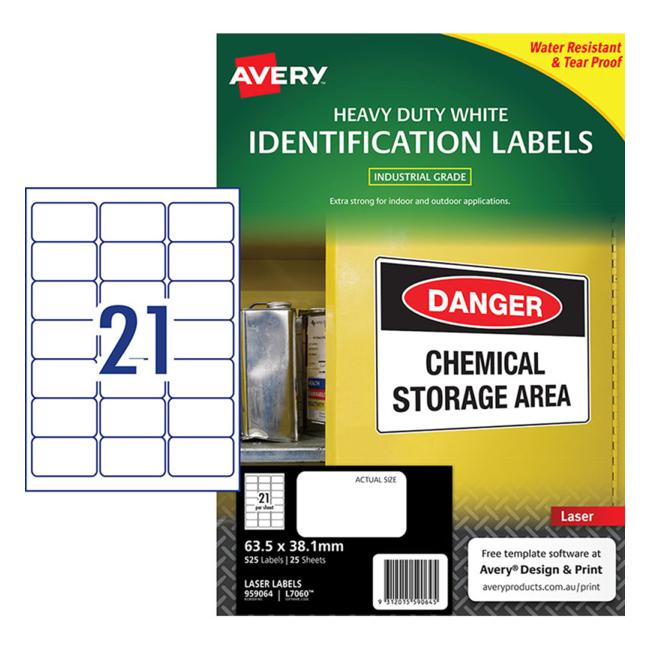Avery Heavy Duty Id Label L7060 White 21 Up 25 Sheets Laser 63.5×38.1mm