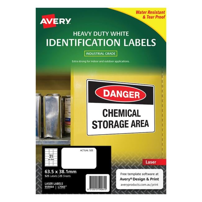 Avery Heavy Duty Id Label L7060 White 21 Up 25 Sheets Laser 63.5×38.1mm