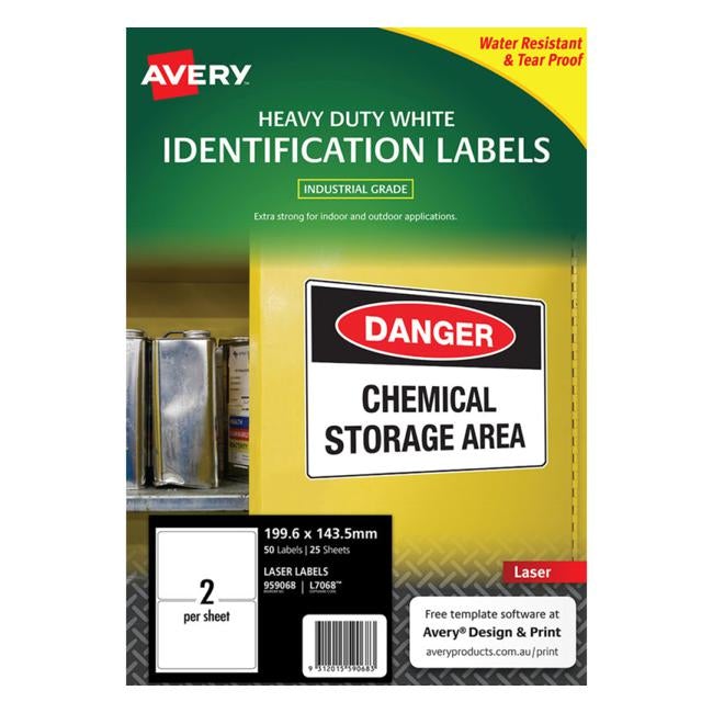 Avery Heavy Duty Id Label L7068 White 2 Up 25 Sheets Laser 199.6×143.5mm