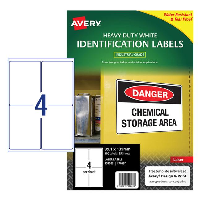 Avery Heavy Duty Id Label L7069 White 4 Up 25 Sheets Laser 99.1x139mm