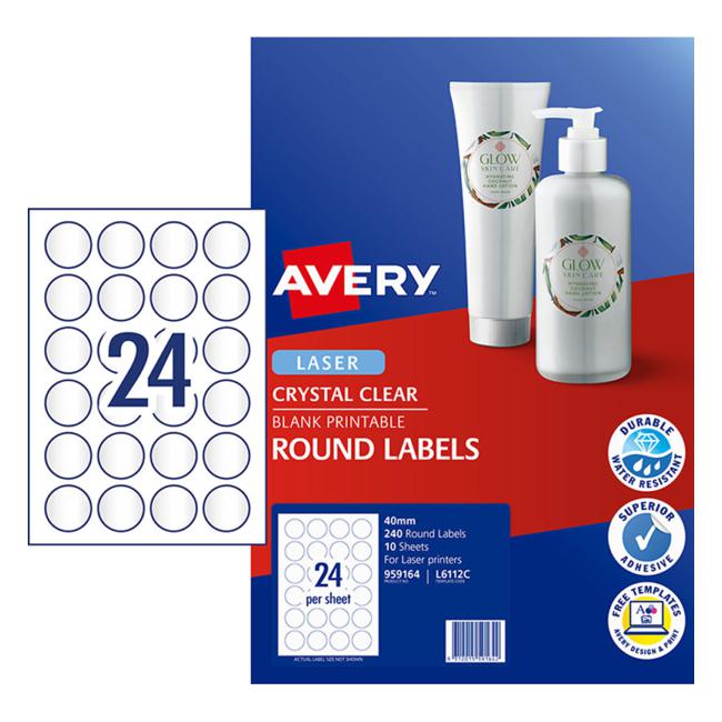 Avery L6112C Crystal Clr Round – 24Up 40mm D 10/Pk