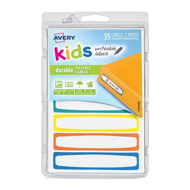 Avery Label Kids Durable Blue Orange Yellow Green Neon Border 89x16mm 7up 5 Sheets