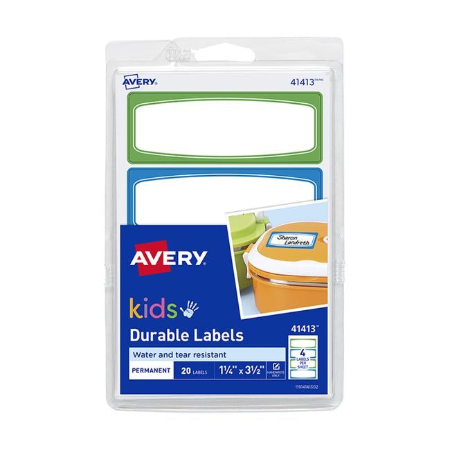 Avery Label Kids Durable Green Blue Border 89x32mm 4up 5 Sheets
