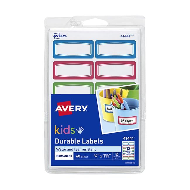 Avery Label Kids Durable Green Blue Red Border 44x19mm 12up 5 Sheets