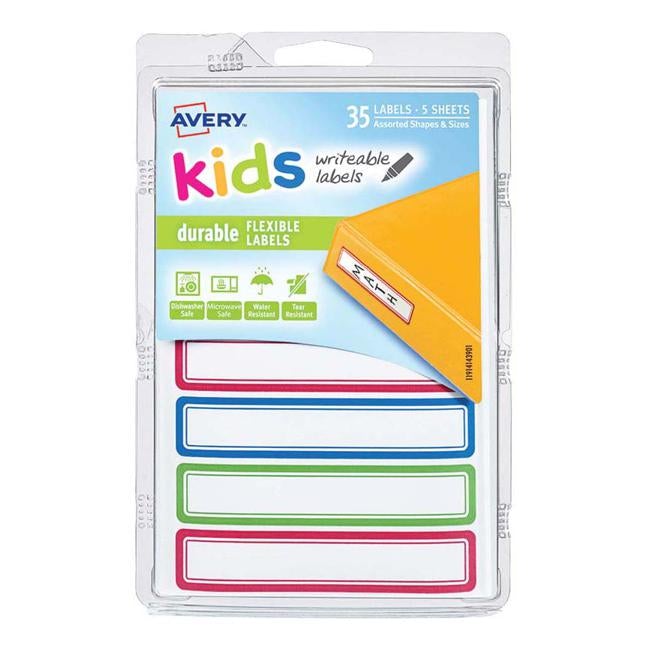 Avery Label Kids Durable Green Blue Red Border 89x16mm 7up 5 Sheets