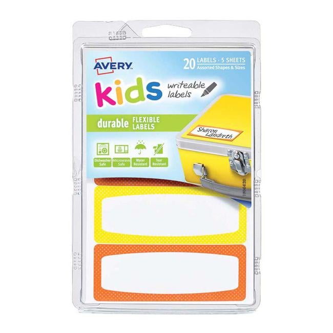 Avery Label Kids Durable Orange Yellow Neon Border 89x32mm 4up 5 Sheets