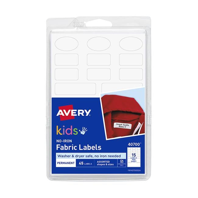 Avery Label Kids No-Iron Fabric Assorted Shape And Size 15up 3 Sheets