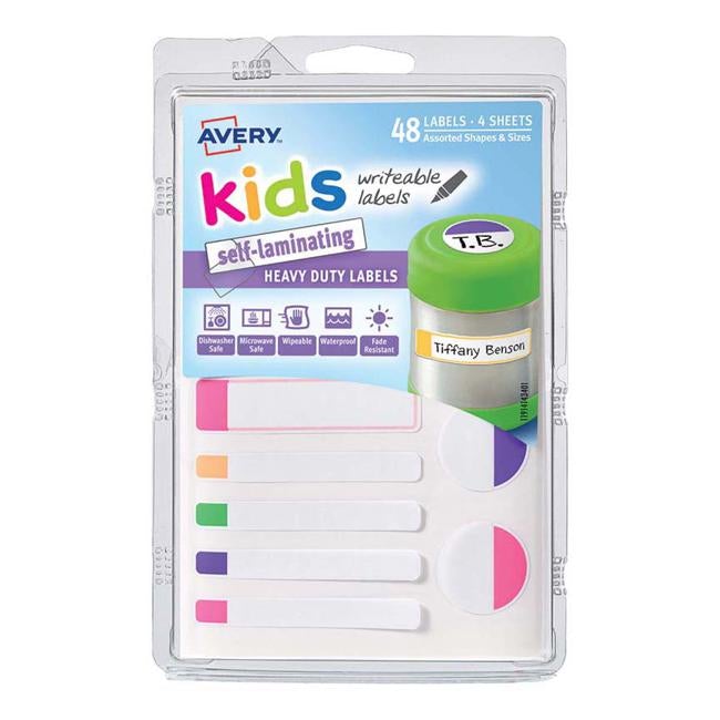 Avery Label Kids Self Laminating Bright Assorted Size And Shape 12up 4 Sheets