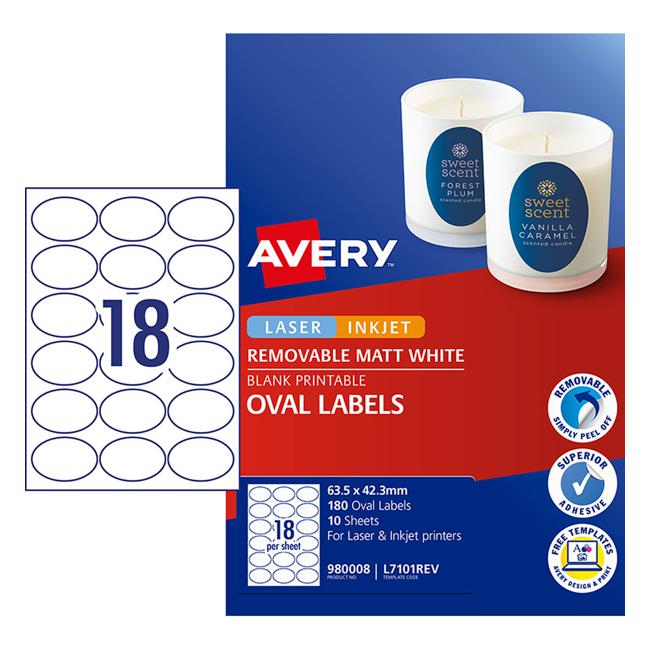 Avery Label L7101REV Oval White 18up 10 Sheets