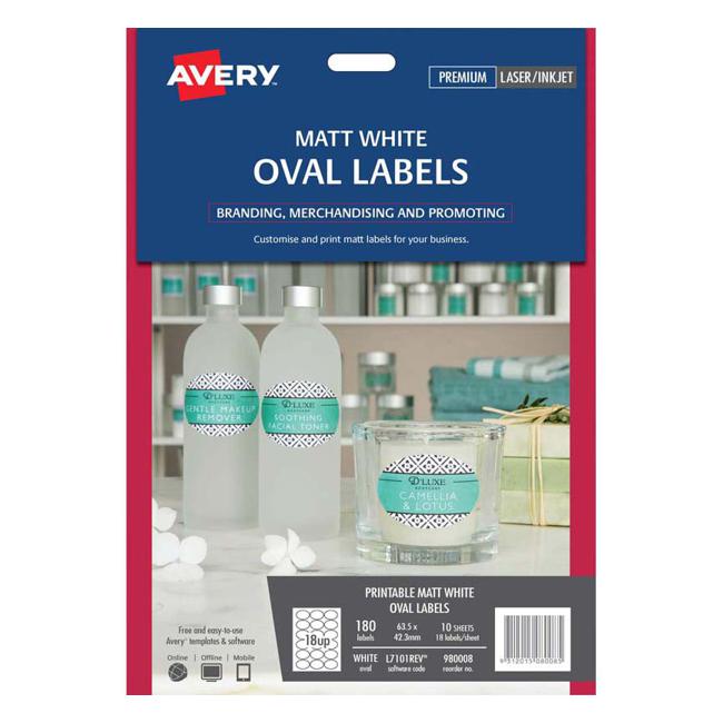 Avery Label L7101REV Oval White 18up 10 Sheets