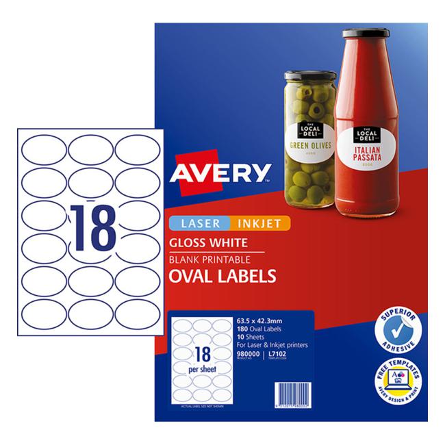 Avery Label L7102 Oval White Glossy 18up 10 Sheets