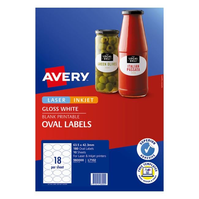 Avery Label L7102 Oval White Glossy 18up 10 Sheets