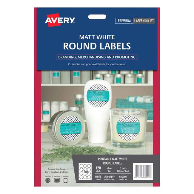Avery Label L7104REV Round White 60mm 12up 10 Sheets