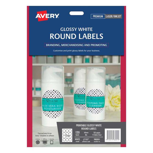 Avery Label L7105 Round White Glossy 60mm 12up 10 Sheets
