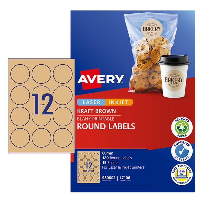 Avery Label L7106 Round Kraft 60mm 12up 15 Sheets